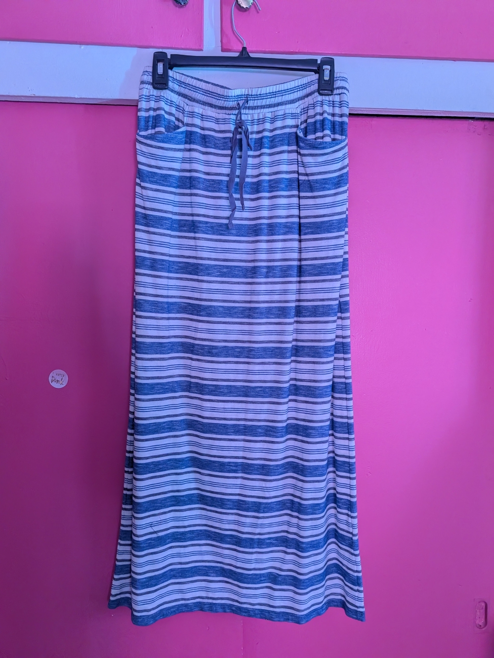 Striped Blue and White Maxi Skirt with Drawstring Waist, With Pockets
